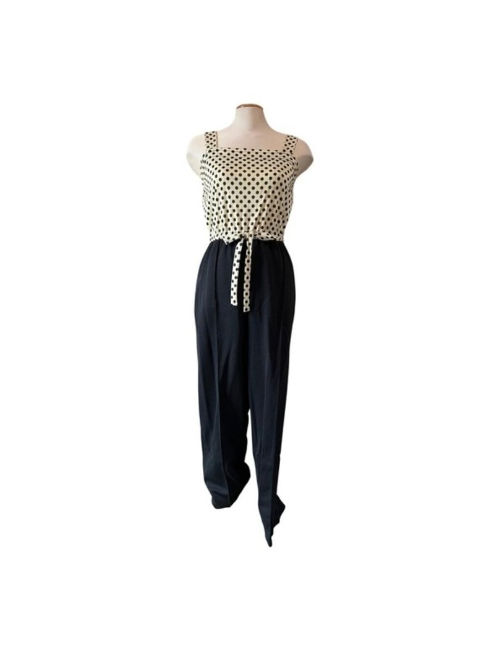 90s Vintage Sears Place de la Mode Polka Dot Jumpsuit Black Cream Wide Leg Retro